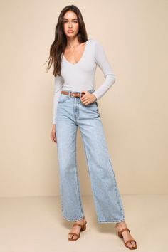 Blue High Waisted Jeans Outfit, High Waisted Jeans Outfit Casual, High Waisted Jeans Outfit, Blue High Waisted Jeans, Wide Legged Jeans, Light Blue Top, Just Black, High Rise Wide Leg Jeans, Hello Fashion