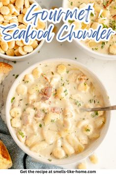 three bowls filled with food and the words gourmet seafood chowder