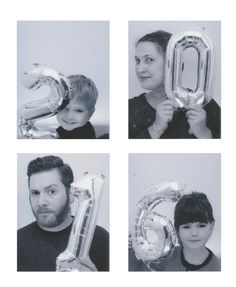 four different pictures of a man and woman holding up balloons in front of their faces