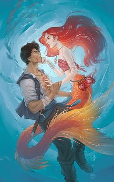 the little mermaid is sitting on top of the man's back while he holds his tail