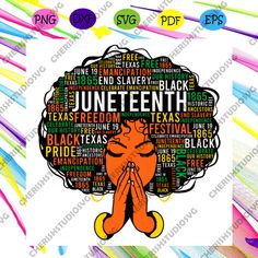 the word juneteeth in different languages on a white background with colorful streamers