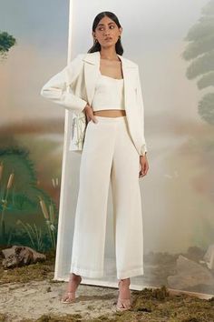 Shop for FEBo6 Off White Polyester Embellished Jacket And Pant Set for Women Online at Aza Fashions Off White Pants, Gold Blazer, Off White Jacket, Sequin Embellishment, Embellished Jacket, Indian Fashion Designers, Fitted Trousers, Co Ord Set, White Jacket