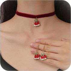 Christmas Choker Earrrings Set: You Will Receive A Velvet Christmas Choker Necklace And A Pair Of Jingle Bell Earrings. This Dainty And Lovely Christmas Jewelry Set Combines The Classic Red Green Colors And Christmas Elements With Elegant And Retro Velvet Materials, Making This Christmas Necklace Earring Set Look Very Elegant And Charming. Red Velvet Choker Necklace For Women:This Pair Of Christmas Bell Sets, In The Classic Christmas Red And Green Color Scheme, Can Be Matched With Any Of Your Cl Christmas Red And Green, Bell Earrings, Velvet Choker Necklaces, Velvet Christmas, Christmas Elements, Green Color Schemes, Christmas Necklace, Christmas Bell, Velvet Choker