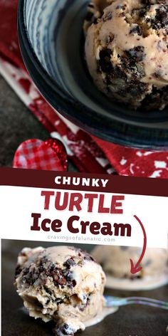 chunky turtle ice cream in a bowl