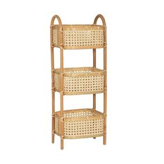 a three tier bamboo shelf with wicker baskets on the top and bottom shelves below