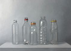 an oil painting of five empty bottles on a white shelf with one red and one blue bottle