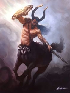 a painting of a man riding on the back of a black horse with horns in his hair