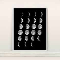 the phases of the moon are shown in this black and white photo, with only one half