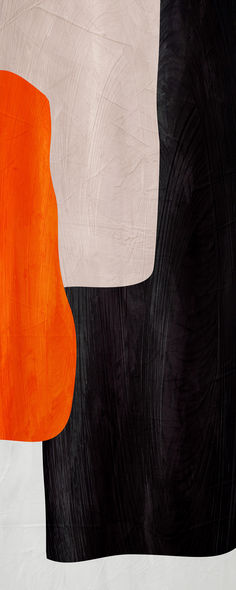 an abstract painting with black, orange and white shapes on it's side by itself