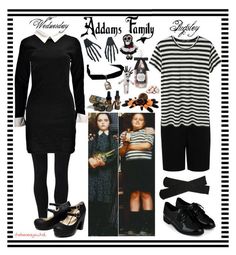 the addams family costume is shown in black and white striped dress, high heeled shoes