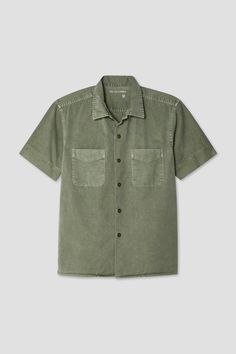 This full-cut, short-sleeved camp shirt has a convertible camp collar that can be worn open or buttoned. This silhouette has a straight hem and side vents that's intended to be worn untucked over shorts or chinos. -100% Cotton poplin-Garment Dyed and Preshrunk-Our Full Fit-Convertible Camp Collar-Double Chest Front Pockets-Double Pleats at Back Yoke-Straight Hem-Short Sleeves Made in USA of Imported Fabric Khaki Short Sleeve Shirt For Summer Outdoor, Summer Outdoor Khaki Short Sleeve Shirt, Summer Khaki Short Sleeve Shirt For Outdoor, Collared Tops With Patch Pockets For Outdoor, Relaxed Fit Camp Shirt With Patch Pockets, Cotton Camp Shirt With Pockets And Camp Collar, Khaki Collared Camp Shirt For Outdoors, Outdoor Button-up Camp Shirt With Pockets, Cotton Camp Shirt With Pockets