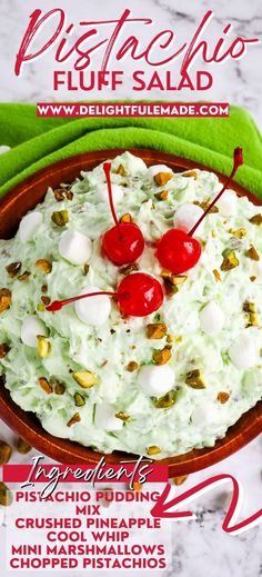 Bowl of pistachio fluff salad topped with chopped pecans, mini marshmallows and red maraschino cherries. Green Fluff, Strawberry Pretzel Jello Salad, Pistachio Fluff, Fruity Dessert, Pineapple Delight, Watergate Salad, Christmas Salad Recipes, Fluff Salad