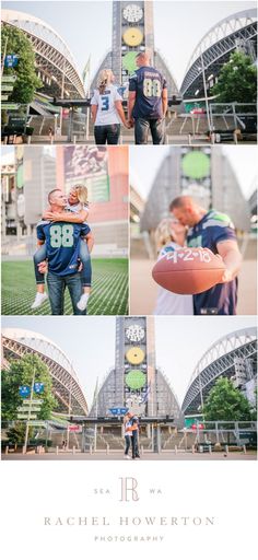 two people standing in front of a football field