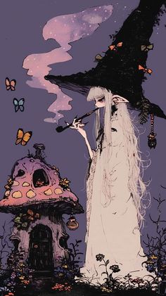 an illustration of a woman dressed as a witch in front of a mushroom house