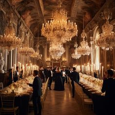 a large dining hall with chandeliers and tables set up for formal dinner guests