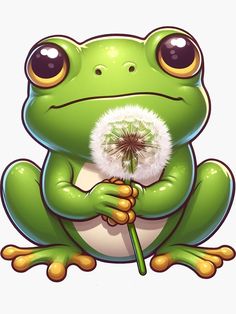 a green frog with a dandelion in its mouth