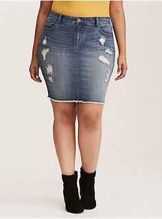 Denim Skirt - Distressed Light Wash - Plus Size | Torrid Midi Skater Skirt, Make Up Studio, Mini Skater Skirt, Overall Skirt, Peplum Tops, Distressed Denim Skirt, Curve Fashion, Knit Midi Skirt, Denim Pencil Skirt