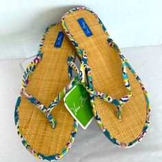 New With Tags Vera Bradley Flip Flop Sandals Limited Edition Retired Pattern Capri Blue ( Beautiful Print Yo Go With All Your Summer Wardrobe ) Perfect For Summer For Beach And Pool ... Size Large (Will Fit Size 9-10 ) *Any Questions Please Message Me !! Straw Soles Of Flip Flops Perfect For Beach, Pool -Summertime Never Worn Great To Add To Your Vera Bradley Collection.. Please See All Pictures For Details And Measurements .. Any Questions Please Message Me I Ship Fast!! Spring Slip-on Flip Flops For Outings, Spring Outing Slip-on Flip Flops, Comfortable Flip Flops For Spring Outings, Casual Blue Flip Flops For Summer, Comfortable Spring Flip Flops For Outings, Comfortable Flip Flops With Woven Sole For Spring, Yellow Flip Flops For Vacation, Comfortable Spring Flip Flops With Woven Sole, Yellow Summer Flip Flops For The Beach