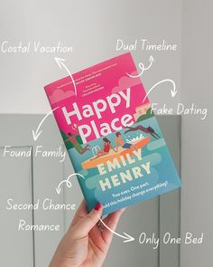 a person holding up a happy place book in front of a white wall with words surrounding it