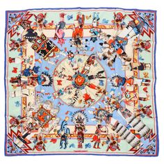 Hermès Kachinas scarf designed by Kermit Oliver. Hand-rolled edges. Box included. Excellent condition, collectible colorway. Hermes Silk, Hermes Scarf, Scarf Design, Silk Scarves, Scarf Accessory, Fashion Accessories, Silk, For Sale, Green