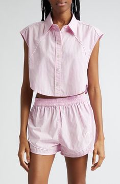 Cropped Striped Shirt, Cropped Button Up Shirt, Square Logo, Cropped Shirt, Track Shorts, Crop Shirt, Pink Stripes, Striped Shorts, Alexander Wang