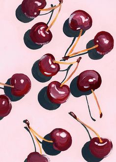 a painting of cherries on a pink background