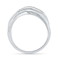 With a simple yet beautifully crossover design, this sterling silver band is a masterpiece. It has natural white diamonds in prong setting. A wonderful gift for yourself or a special someone.Ring Style: Crossover Rings, BandsDiamond Clarity: I3Setting: ProngStone Cut: RoundDiamond Color: J-KMetal Color: WhiteRounded Carat Weight: 1/8 Ct. T.w.Band Width: 2mmCare: Wipe CleanAuthenticity: Natural DiamondBirthstone: April BirthstoneMetal: Sterling SilverCountry of Origin: Imported Crossover Ring, Rings Bands, 2 Rings, Ring Style, Sterling Silver Bands, White Diamonds, Silver Band, White Diamond, Diamond White