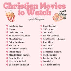 the christian movies to watch list is shown on a pink background with hearts and cupcakes