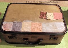 How To Paint A Vintage Suitcase, Painted Suitcases Ideas Vintage Luggage, Decoupage Suitcase Fabric Covered, Repurpose Luggage Old Suitcases, Decoupage Tutorial