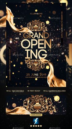 the grand opening flyer is shown in gold and black