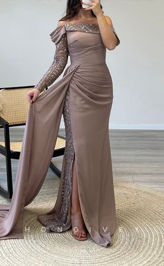 L2306 - Sexy Satin Fitted Off-Shoulder Long Sleeve Empire Beaded Appli Homecoming Dresses Bodycon, Classic Prom Dress, Simple Prom Dress Long, Matric Dance, Prom Dresses Simple, Satin Homecoming Dress, Beach Wedding Dress Boho, Simple Prom Dress, Long Sleeve Prom