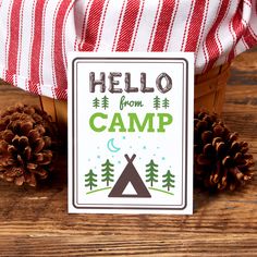 a sign that says hello from camp next to pine cones