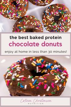 chocolate donuts with sprinkles on top and the words, the best baked protein chocolate donuts enjoy at home in less than 30 minutes