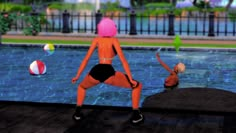 two women in swimsuits are playing with balls by the pool at night time