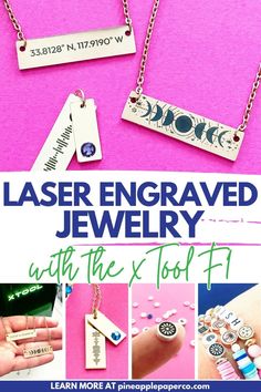 laser engraving jewelry with the text laser engraving on it and images of different items that can be personalized