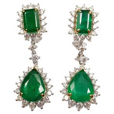 Colombian emerald 8ct earrings with diamonds and white and yellow gold Irama Pradera is a Young designer from Spain that searches always for the best gems and combines classic with contemporary mounting and styles. She creates many Jewels in her atelier in Bilbao, and she works with ateliers worldwide, in these gold-silver precious and good priced pieces she uses KIROS ateliers in India were expert craftmanship create intricate and sophisticated pieces at very good value. Sleekly crafted in 18K white gold and silver these classic chandelier cascade of emeralds gives a an elegant and sophisticated look to special occasions CHARACTERISTICS: ◘ Total weight 11,42gr ◘ Emerald 4pieces total 8,36ct ◘ Diamond 64pieces total 2,41ct ◘ Length 33mm or 1,29 inches READY TO SHIP *Shipment of this piece European Jewelry, Classic Chandelier, Colombian Emeralds, Colored Gems, Bilbao, Jewelry Branding, Diamond White, Precious Stones, Clip On Earrings