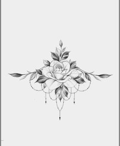 a black and white drawing of a rose with leaves on it's back side