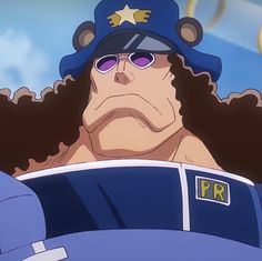 an anime character wearing sunglasses and a baseball cap