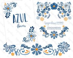 an image of mexican flowers with blue and orange colors on white paper, in the shape of a frame