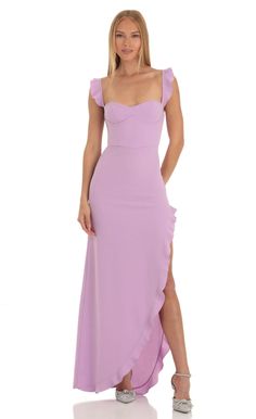 Aidyl Ruffle Maxi Dress in Lilac Underwire Prom Dress, Hoco 2023, Purple Ruffle Dress, Purple Formal Dress, Ruffle Dress Long, Light Purple Dress, Lilac Bridesmaid Dresses, Prom Dress Inspo, Gorgeous Maxi Dresses