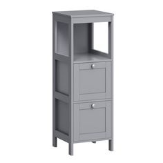 a tall gray cabinet with two drawers