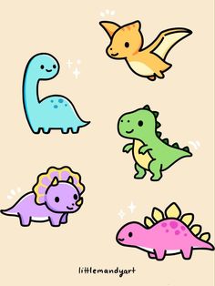 four different colored cartoon dinosaurs with stars on the back and one is flying in the air