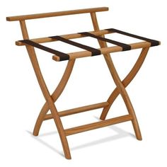 a wooden folding chair with black straps