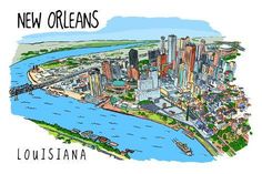 an illustrated map of the city of new orleans, with text overlaying it