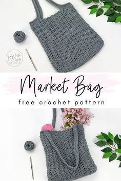 the crochet market bag pattern is shown with yarn and knitting needles on it