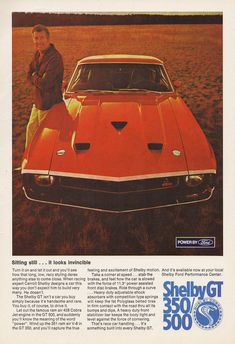 an advertisement for the chevrolet 350 coupe car with a man standing on top of it