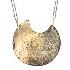 Recycled oxidized Argentium silver fused with fair-mined 18k gold // Smooth 18k fused gold melds seamlessly with textured 18k gold dust, evocative of the moon’s surface // Handmade solid 18k recycled gold jump rings // Approx. 2.75” in diameter // On a 30” oxidized silver cable chain - doubled up on each side // Complete with a handmade oxidized silver ‘S’ clasp Gold Hammered Half Moon Jewelry, Hammered Gold Half Moon Jewelry, Hand Forged Moon-shaped Gold Jewelry, Hand Forged Moon Shaped Gold Jewelry, Gold Electroformed Round Jewelry, Gold Hand Forged Round Pendant Necklace, Gold Oxidized Round Pendant Necklace, Gold Necklace With Oxidized Round Pendant, Gold Necklace With Oxidized Finish And Round Pendant