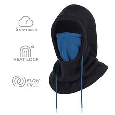 an image of a black and blue ski mask with the hood pulled up to protect it from wind