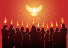 a group of people standing in front of a bird with flames coming out of it