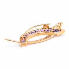 Elevate your style with the Signature 18K Gold "D" Channel-Set Amethyst Diamond Pendant Brooch, a versatile and elegant accessory that exudes sophistication and charm. Luxury Purple Brooches For Formal Occasion, Elegant Gold Amethyst Brooches, Diamond Settings, Channel Set, Purple Hues, Elegant Accessories, Pendant Design, Stone Cuts, Baguette Diamond